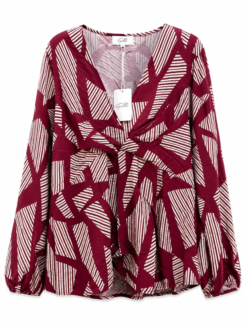 Curvy Burgundy Twist-Front Geometric Blouse